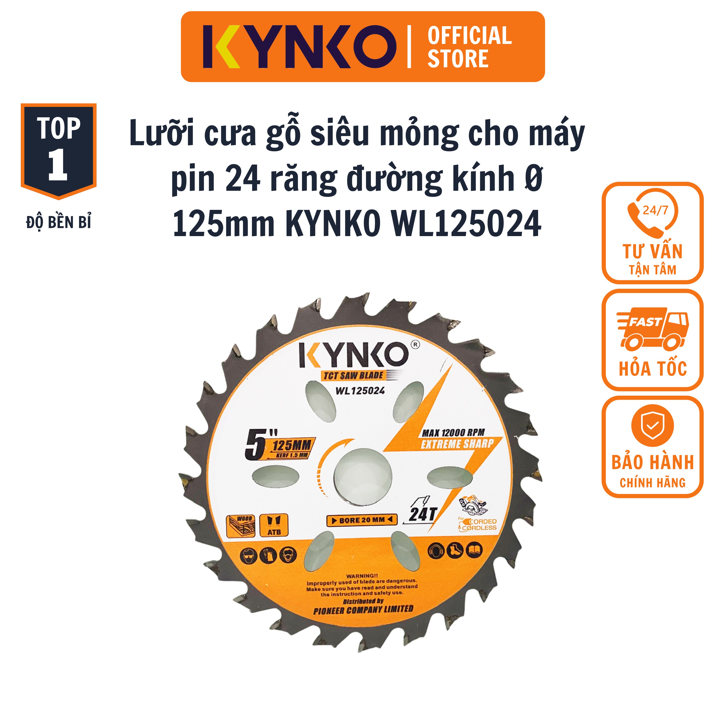 Lưỡi cưa gỗ siêu mỏng cho máy pin 24 răng đường kính Ø 125mm KYNKO WL125024