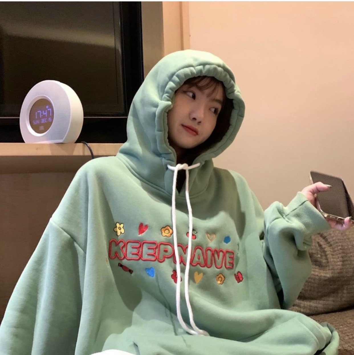 Áo hoodie nỉ unisex Homies liền mũ có túi thêu chữ NAIVE, Áo Hoodie Logo/Thêu Chữ/Thêu Trái Tim Màu Xanh Mint Unisex Nỉ Bông siêu mịn Form rộng unisex