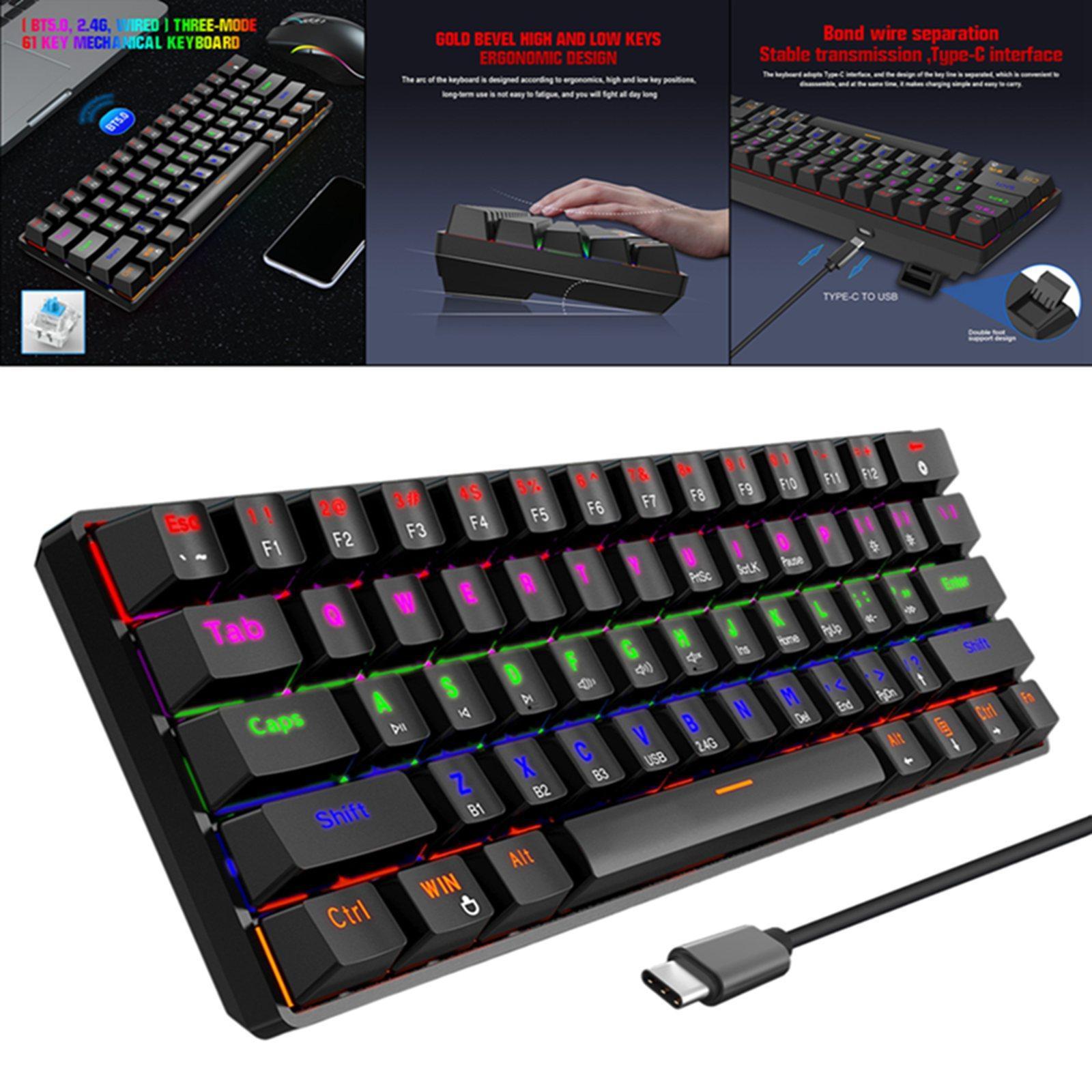 Bluetooth Mechanical Gaming Keyboard 61-Key USB-C Wired for PC Typists Black