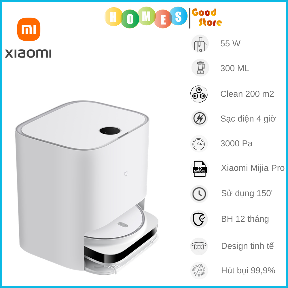 Robot Hút Bụi Lau Nhà Xiaomi Mijia Pro Tự Động Giặt Giẻ Sấy Khô Và Kết Nối App Mihome Diện Tích Hoạt Động 200m2 Công Suất 55 W - Hàng Nhập Khẩu