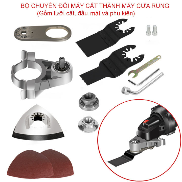 Bộ chuyển đổi máy cắt cầm tay (trục D10mm) thành máy cắt rung, tặng kèm 2 lưỡi 1 đầu mài và phụ kiện