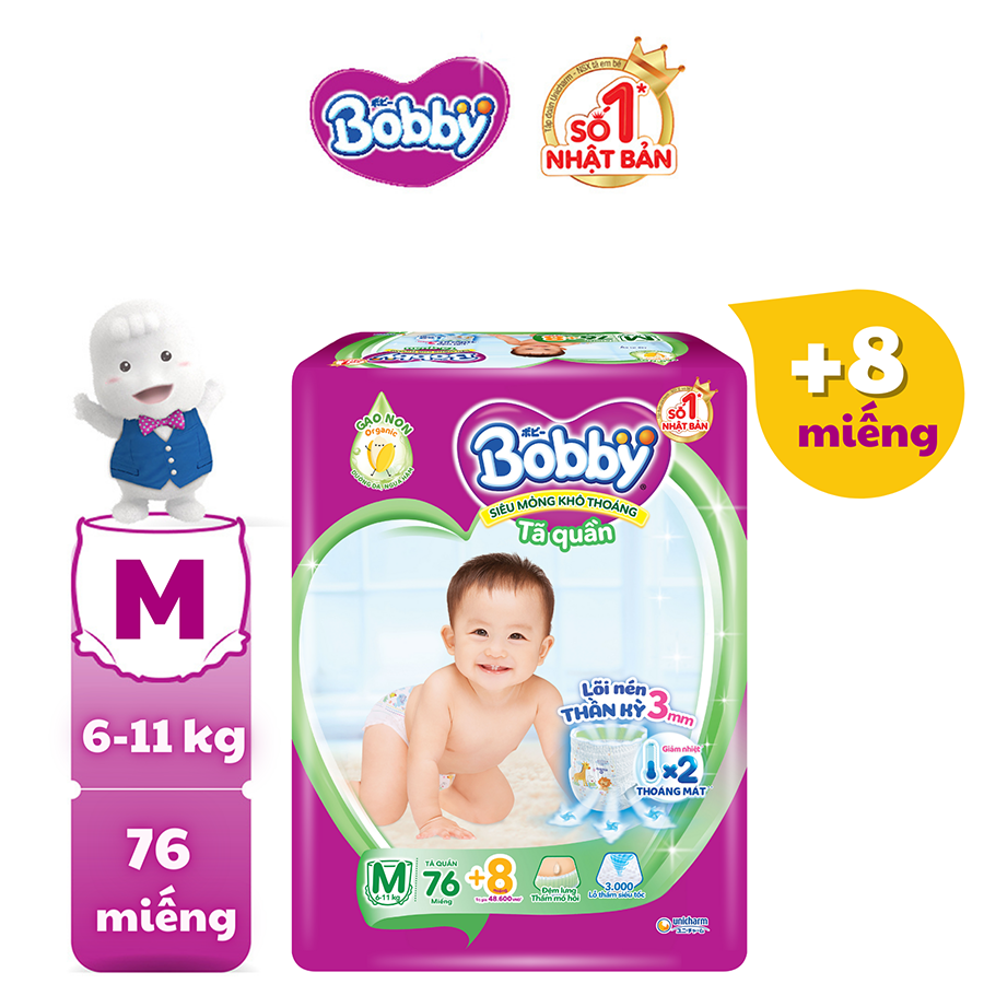 Tã/bỉm quần Bobby 3mm Gạo non M76 + 8