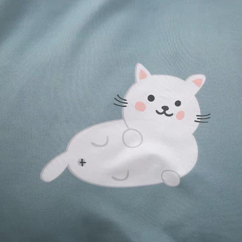 Bộ Vỏ Chăn Ga Gối Cotton 3Dm6/m8/2m - Set 4 Món Cotton 80% Mèo Xanh Đáng Yêu Cao Cấp