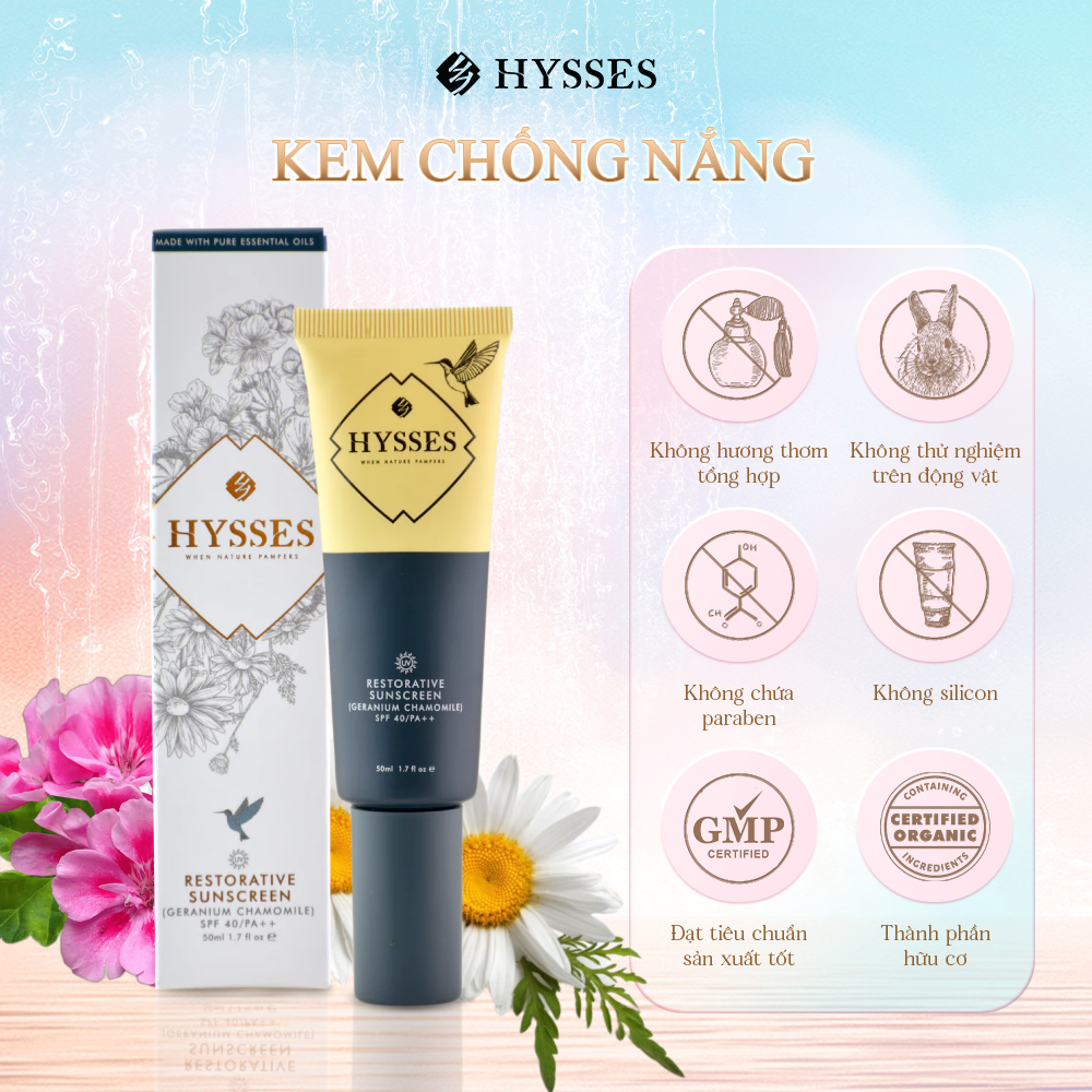 Kem Chống Nắng Cao Cấp Hysses Restorative Phục Hồi, Tái Tạo Làn Da Nhạy Cảm, Làm Dịu Da, Bảo Vệ Da Trước Tia UVA/UVB Với Tinh Dầu Cúc La Mã - Phong Lữ Hữu Cơ Tự Nhiên