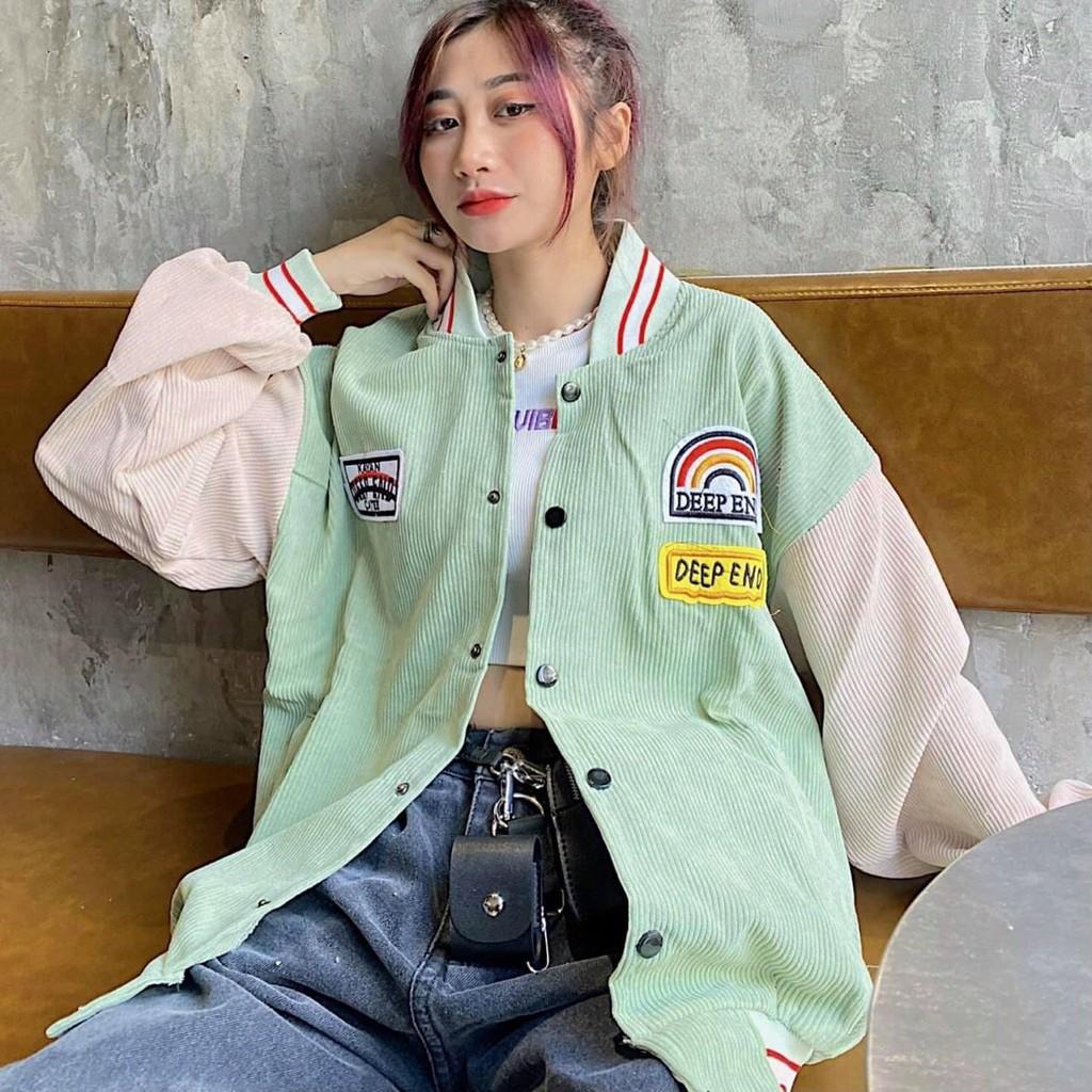Áo khoác Bomber nữ, chất nhung gân, màu xanh cốm , kiểu dáng thêu logo cực xinh, áo khoác chống nắng (kèm ảnh thật