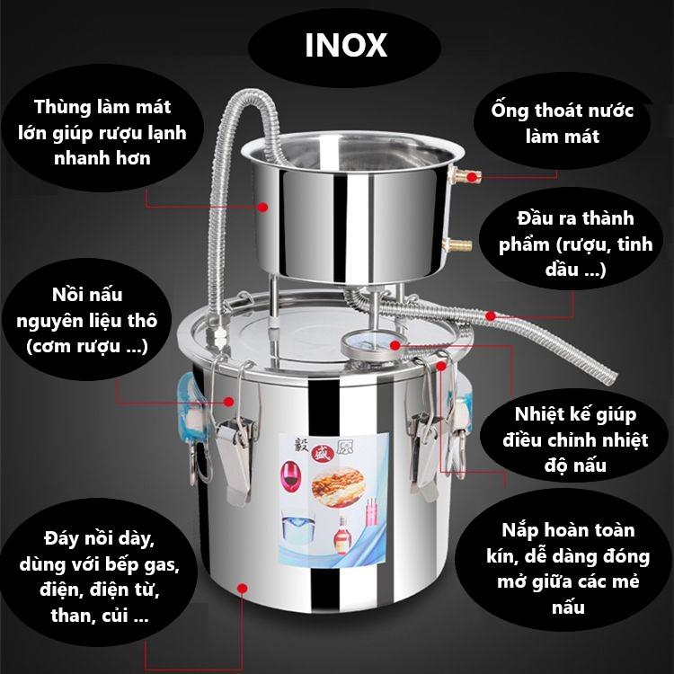 Nồi chưng cất tinh dầu Inox 10L (tặng kèm máy bơm mini) Nồi nấu rươu đa năng, nồi hấp xôi, nồi luộc gà hầm canh