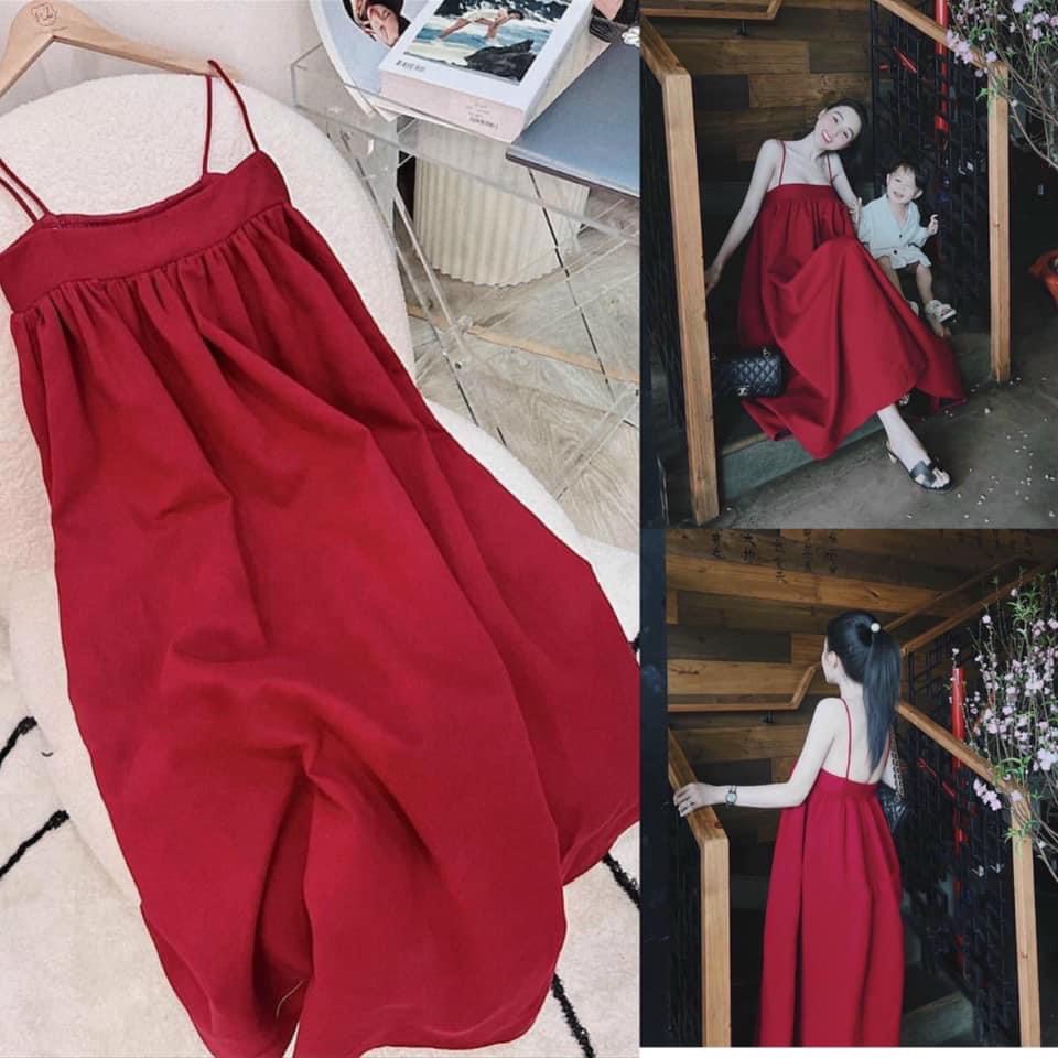 Đầm maxi 2 dây dáng dài rộng chun ngưc, váy 2 dây đi biển bầu bí thoải mái