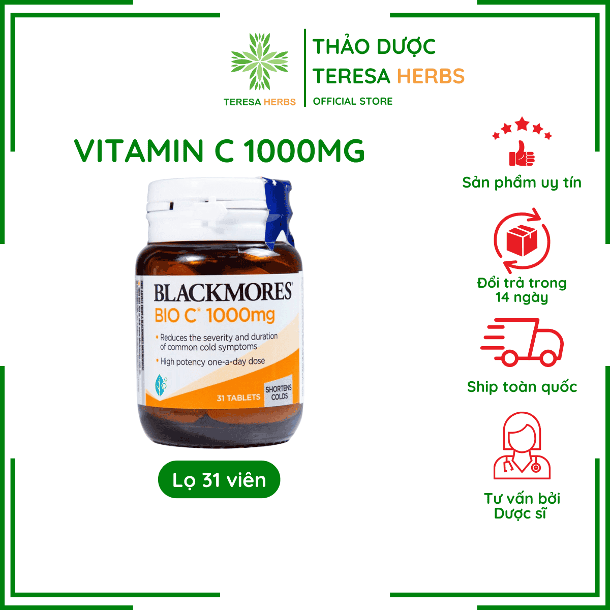 Viên Uống Bổ Sung Vitamin C Blackmores Bio C Hộp 31 viên 1000mg Hỗ Trợ Tăng Đề Kháng, Sáng Da