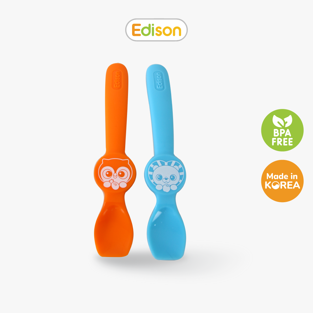 MADE IN KOREA Set 2 thìa ăn dặm silicon Hàn Quốc Edison - thìa tập xúc siêu mềm hình Cú-Sư Tử và Cú-Thỏ hàng chính hãng