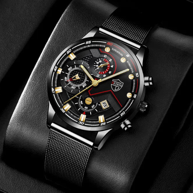 Đồng hồ nam DEYROS thiết kế thể thao dây thép lưới đen chạy lịch ngày cao cấp Sporty Design