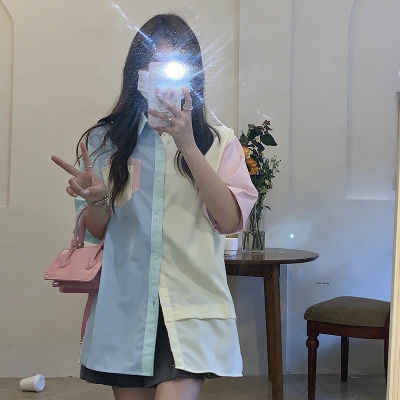 Sơ mi kiểu phối màu chất kate lụa Form dưới 65kg