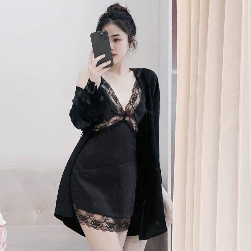 Set áo choàng váy ngủ lụa mặc nhà sang trọng,sexy