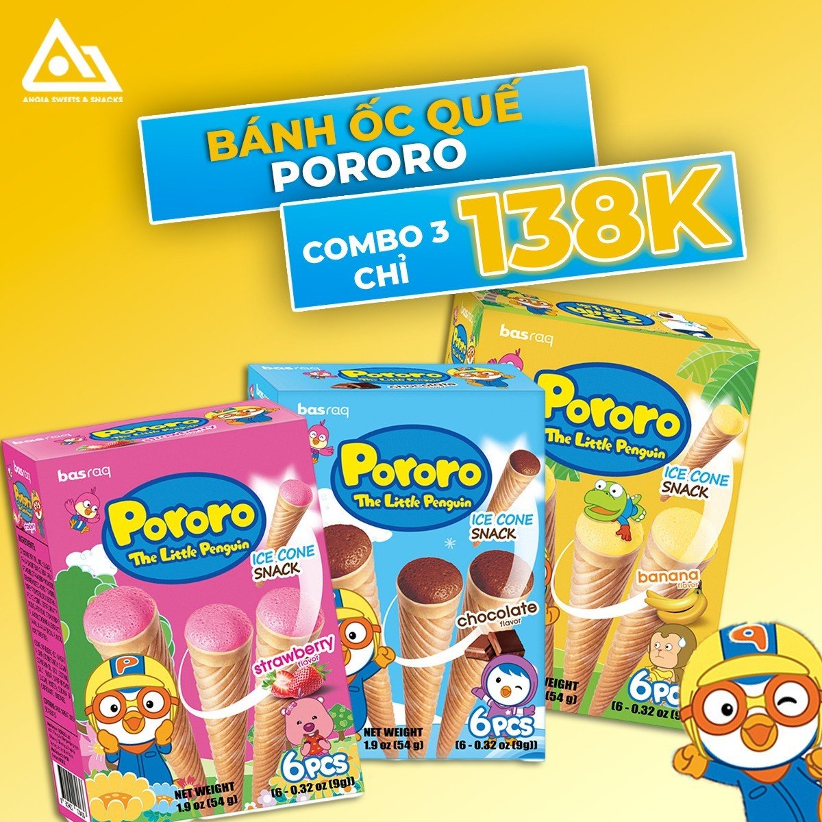 Bánh kem ốc quế Pororo Hàn Quốc 54g, bánh ăn vặt cho bé đủ vị chuối socola dâu sữa chua An Gia Sweets Snacks