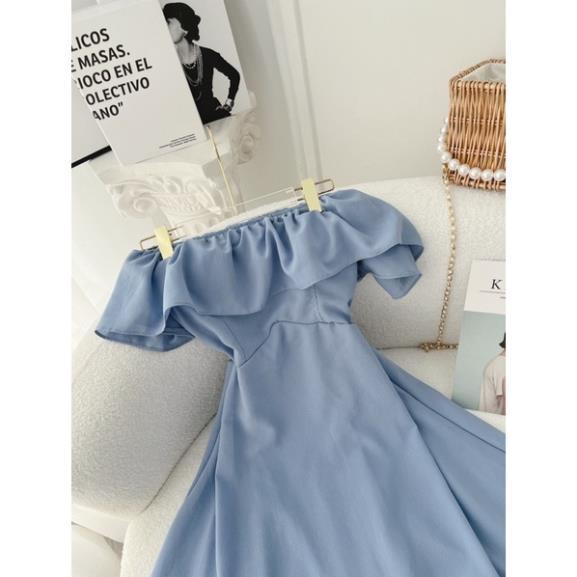 Đầm bẹt vai bèo xanh nhún lưng