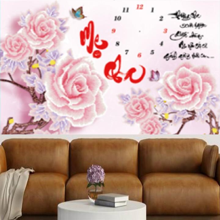 Tranh đá cha mẹ hoa hồng đồng hồ DF633 - kích thước: 75 * 50cm.