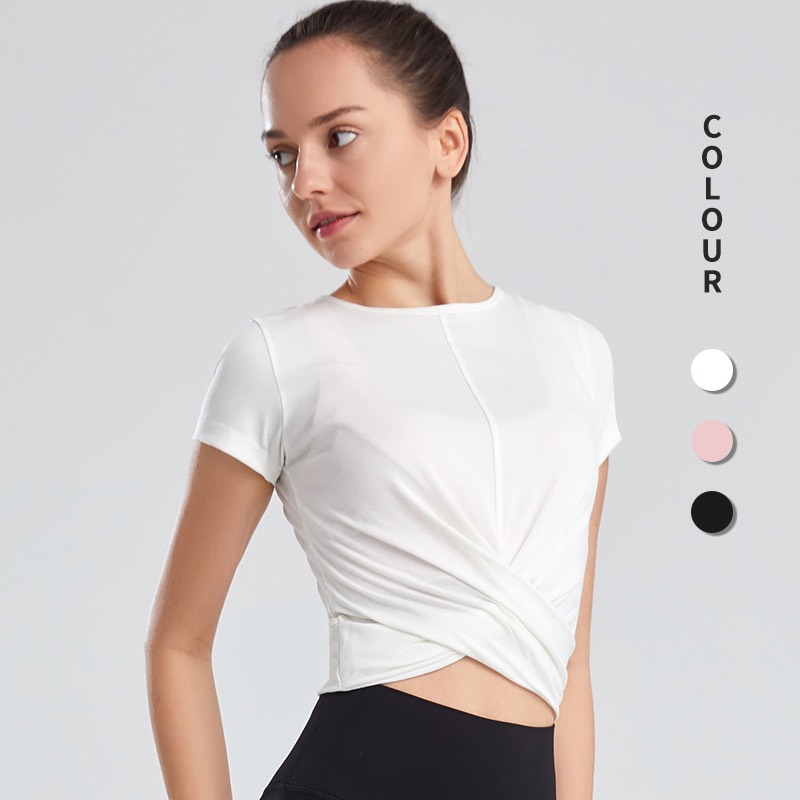 Áo croptop chéo bụng tập Gym, tập yoga PYMSPORT - PYMAT037 3 màu đen - trắng - hồng
