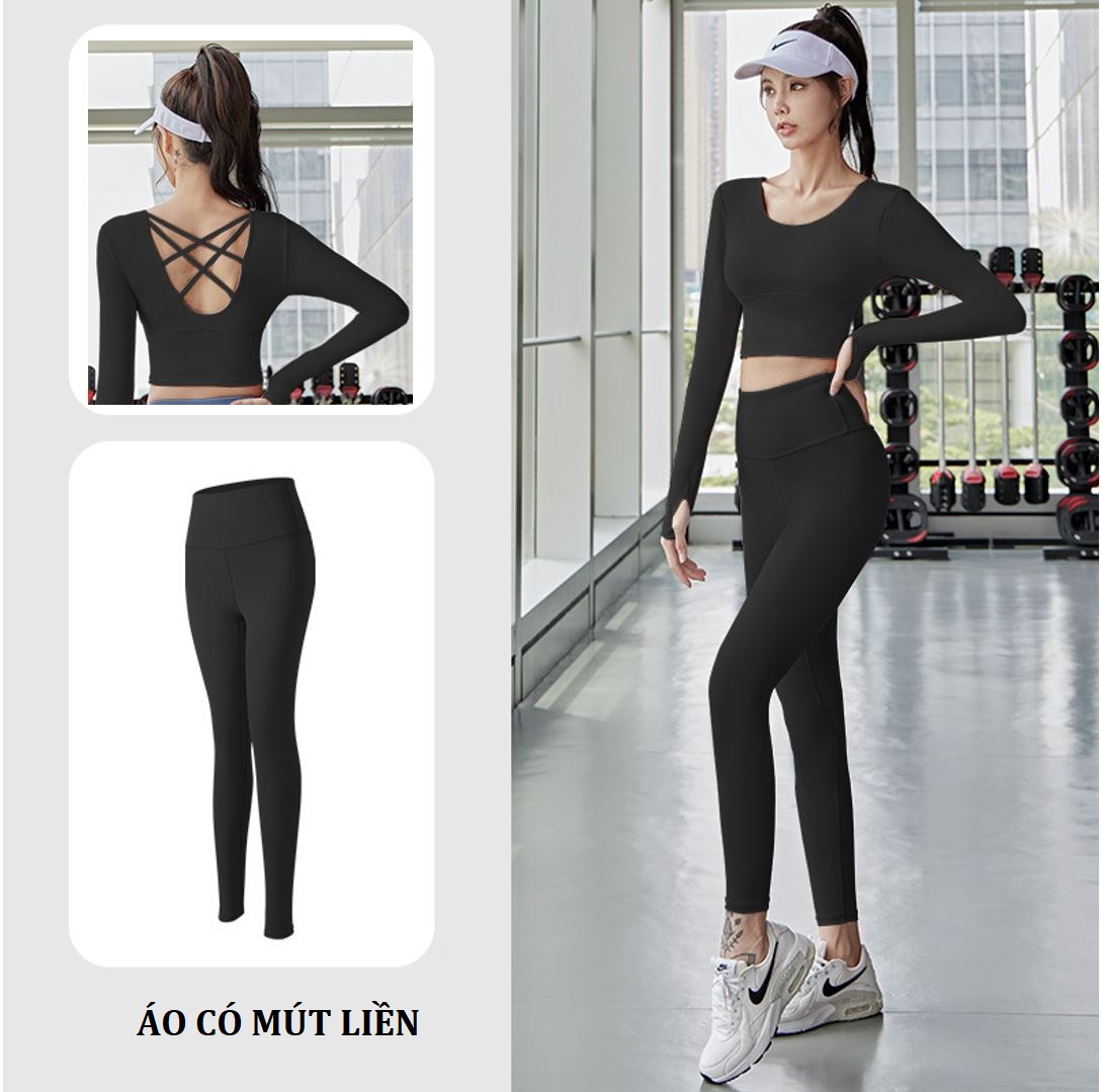 Bộ đồ tập gym nữ có mút đệm, bộ quần áo tập yoga tôn dáng nâng mông áo dài tay croptop và quần dài