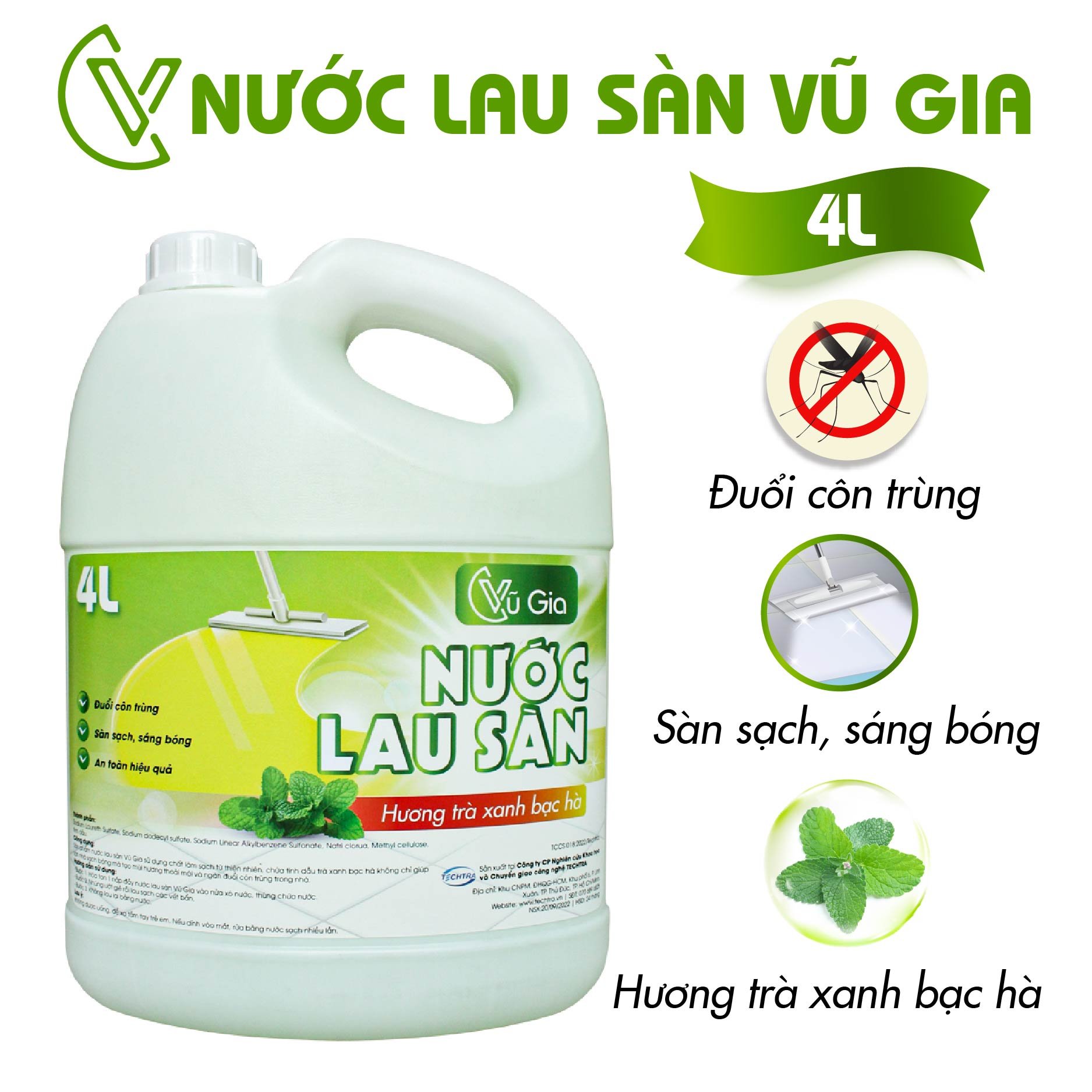 Nước lau sàn tinh dầu tự nhiên Vũ Gia (4 lít) - Khả năng đuổi muỗi, côn trùng, làm sạch nhanh chóng sàn nhà (Unitech)