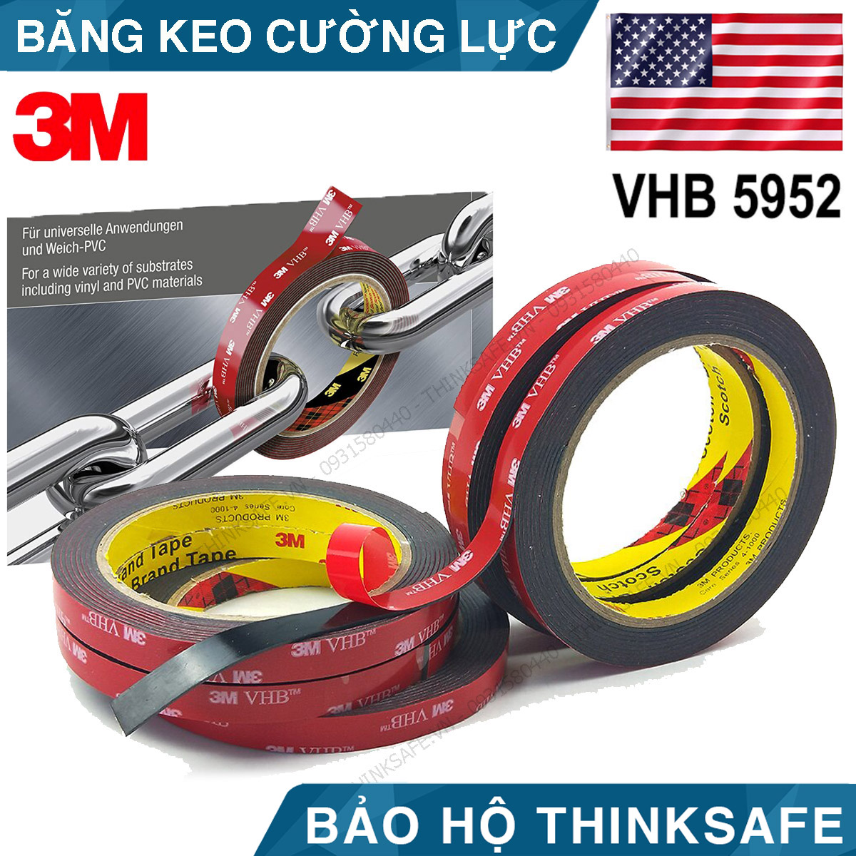 Băng keo 2 mặt siêu dính 3M - Băng dính 2 mặt VHB 3M 5952 bám dính cường lực, Băng dính 3m sử dụng trên nhiều chất liệu