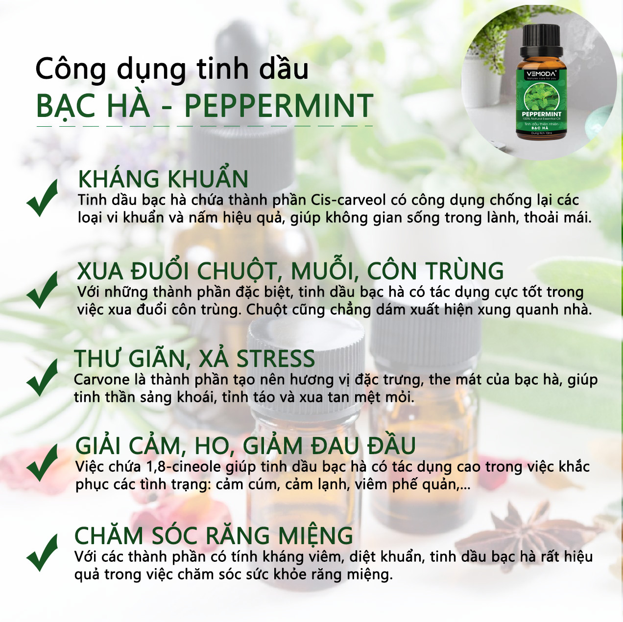 Combo 3 chai tinh dầu nguyên chất Vemoda: tinh dầu Bạc hà (10ml) + tinh dầu Oải hương (10ml) + tinh dầu Sả Chanh (10ml)