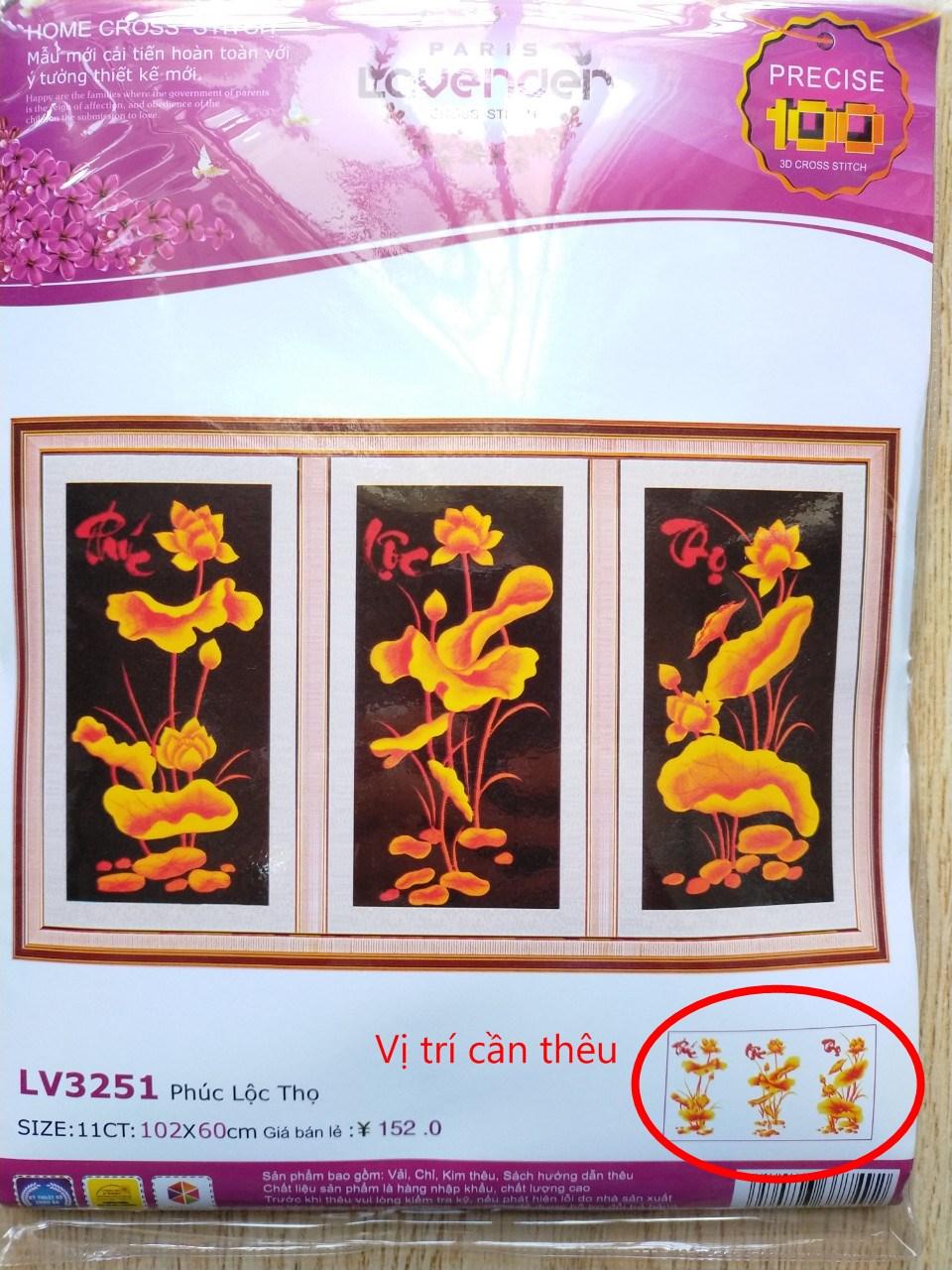 Tranh thêu chữ thập phúc lộc thọ hoa sen vàng LV3251 - 102 x 60 cm - chưa thêu