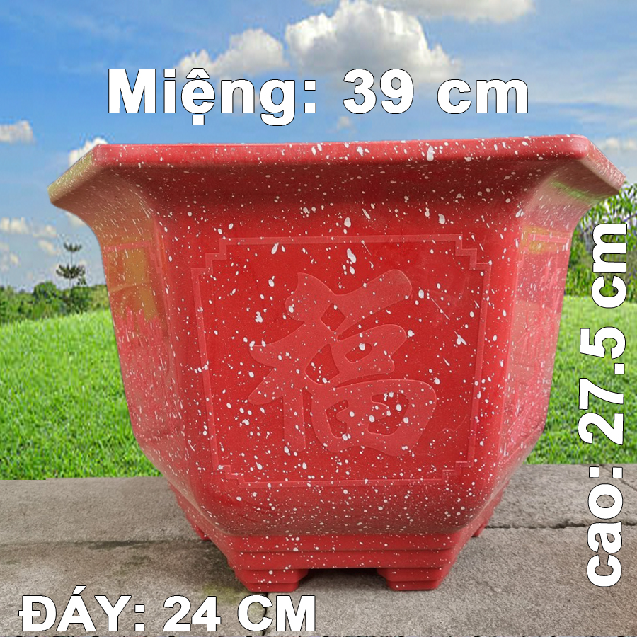5 Chậu Nhựa lục giác hoa văn giả đá siêu đẹp,siêu sang đem đến may mắn, Miệng,cao,đáy 39x27.5x24cm-77814