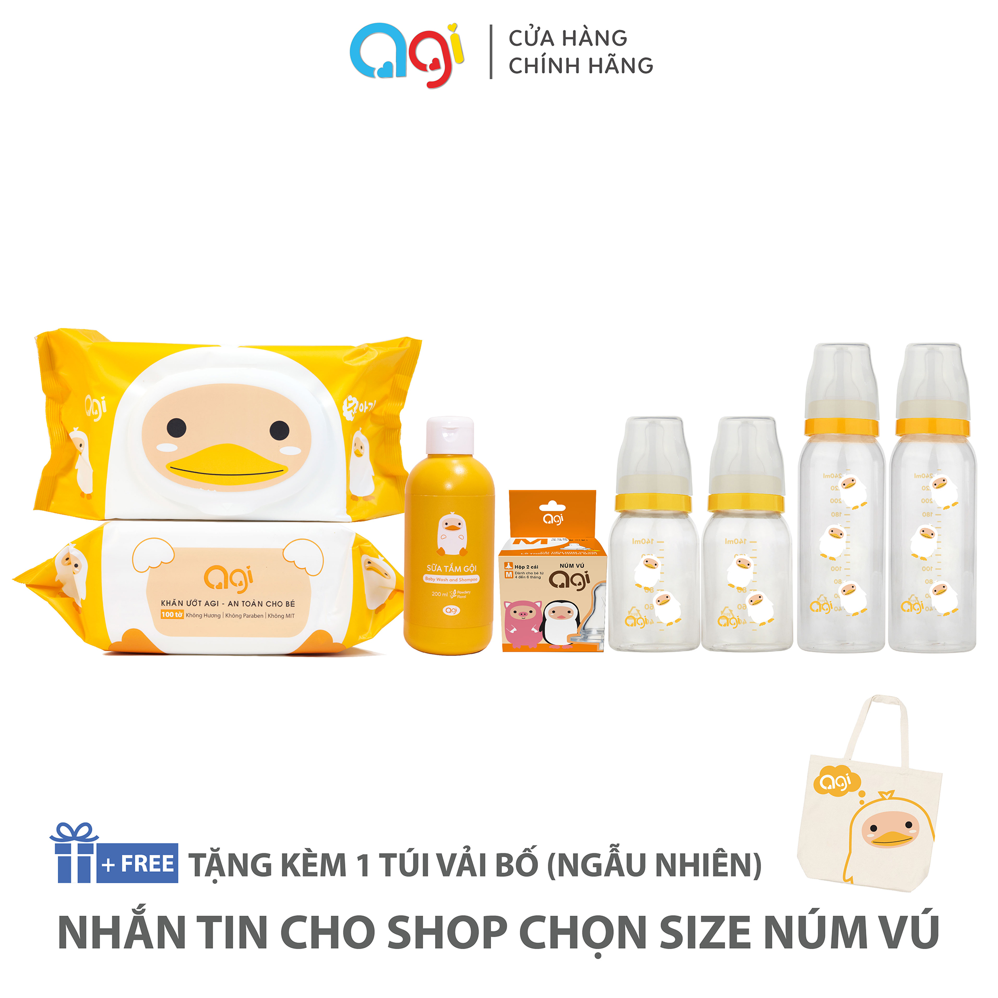 Combo 9 món đa dạng Agi ( Bình sữa, sữa tắm, khăn ướt giao ngẫu nhiên, Núm vú nhắn tin cho shop để chọn size )