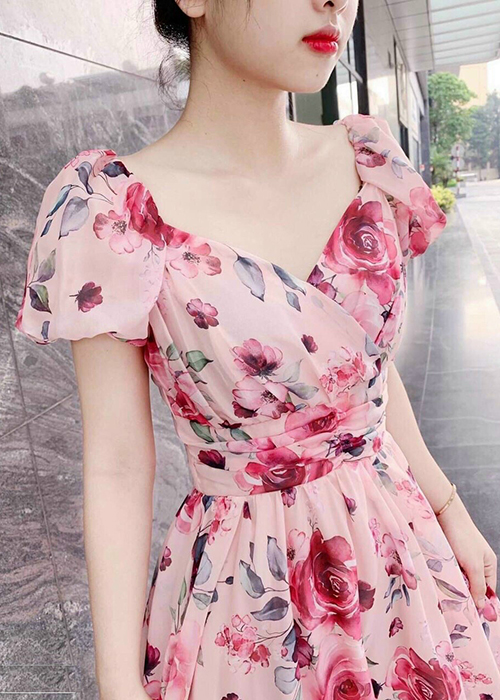 Đầm Xòe Tay Phồng Lụa Cao Cấp In Hoa Thời Trang
