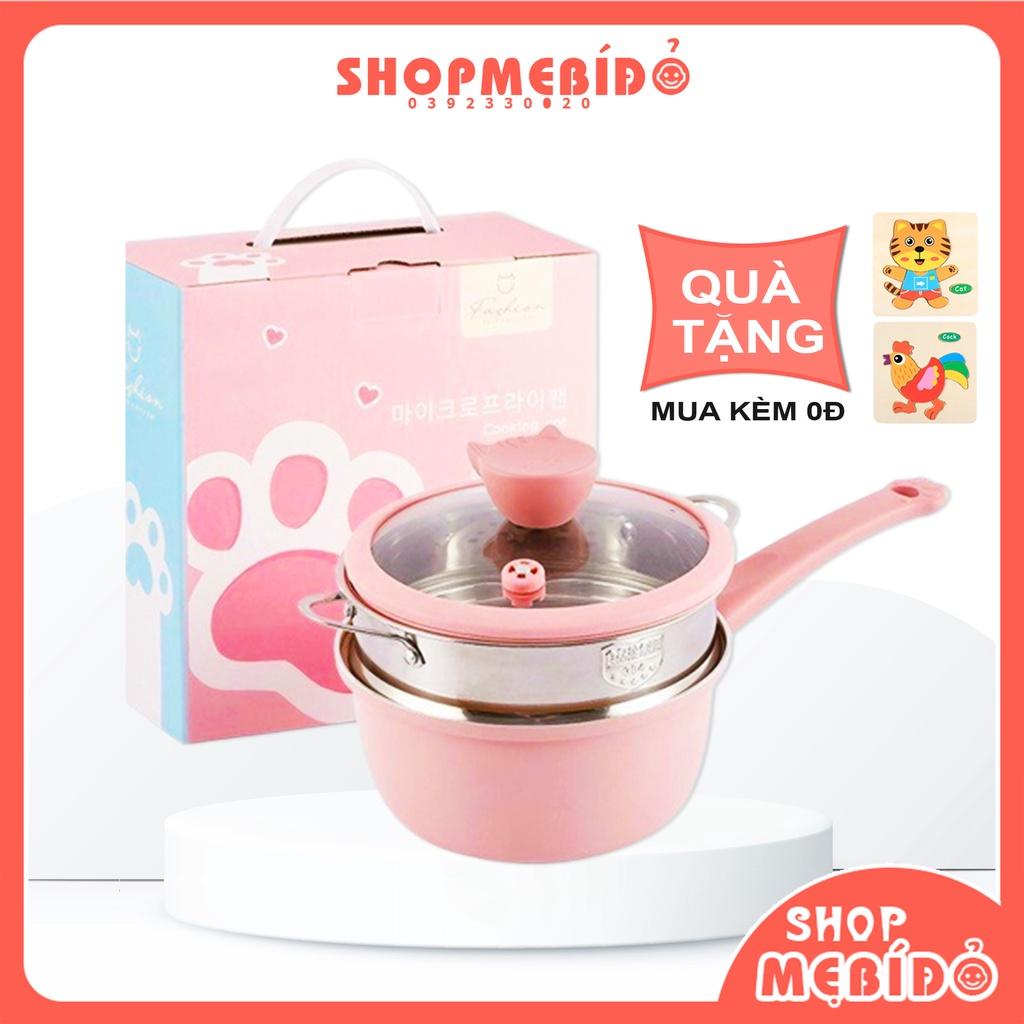 Bộ Nồi Ăn Dặm Nấu Cháo Quấy Bột Kèm Xửng Hấp Cho Bé Hình Mèo Chống Dính Cao Cấp Tặng Kèm Quà Shop Mẹ Bí Đỏ