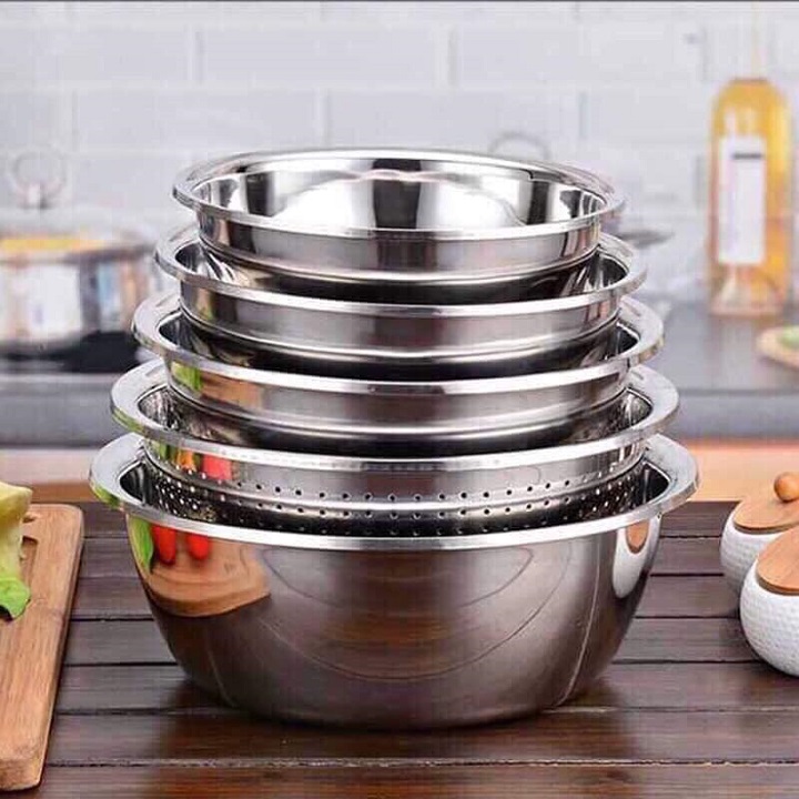 Bộ thau rổ inox nhà bếp 5 món bằng inox đủ size từ 18 - 26 cm tiện dụng