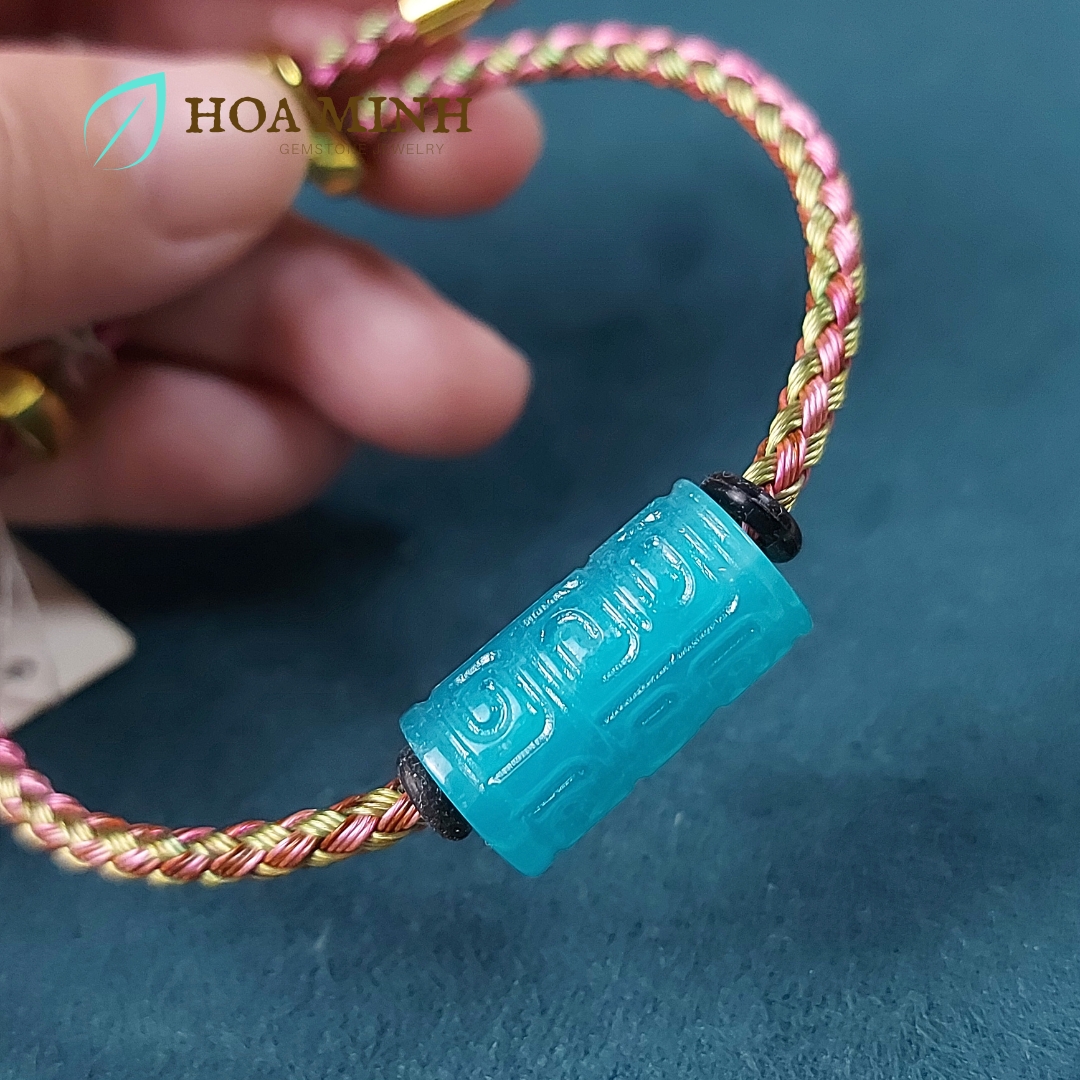 Vòng tay sợi dây cáp phối lu thống đá Amazonite size 11x20 li chạm khắc hoa văn thanh lịch, thời trang