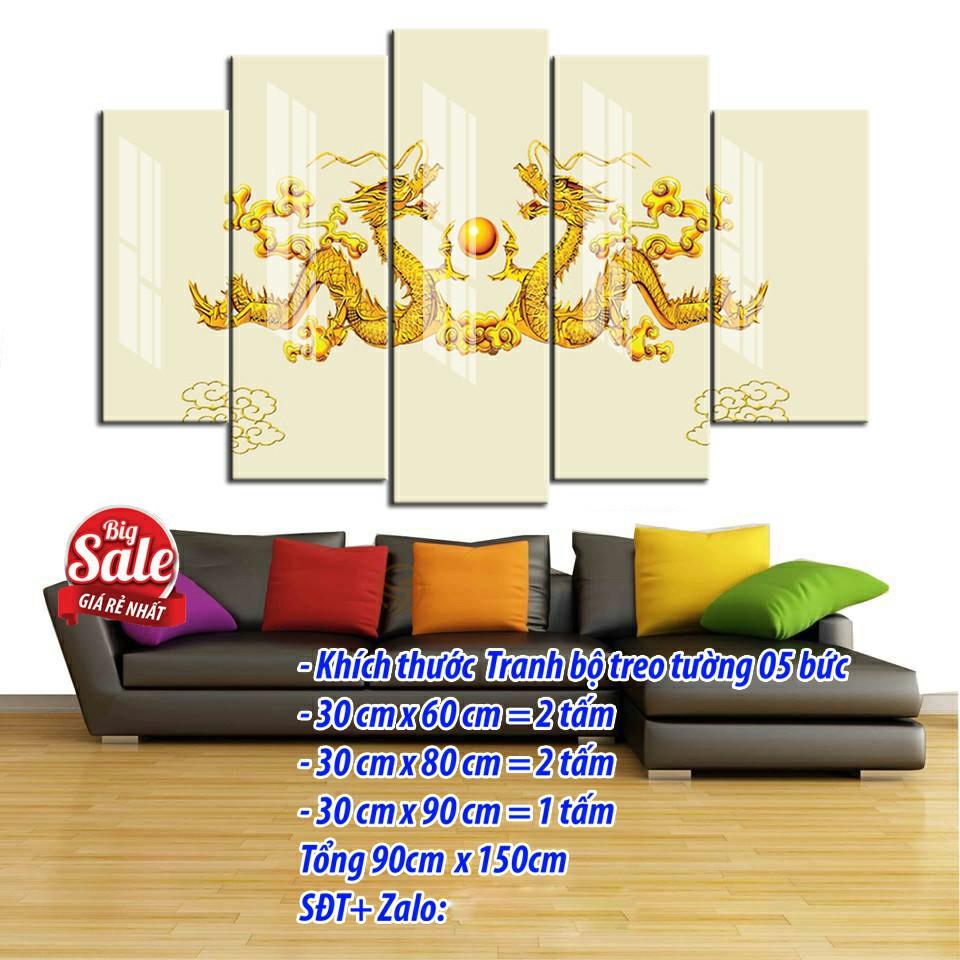 Tranh treo tường trang trí Rồng 5 tấm 3D/gỗ MDF Hàn Quốc chống ẩm mốc, mối mọt