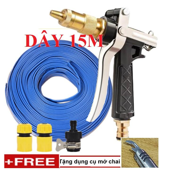 Bộ dây vòi xịt nước rửa xe, tưới cây . tăng áp 3 lần, loại 15m 206236 đầu đồng,cút+ tặng mở chai