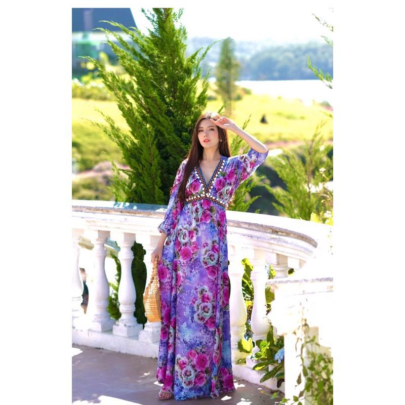 HOANGYEN - Đầm lụa mịn hoa tím viền bi tay lỡ