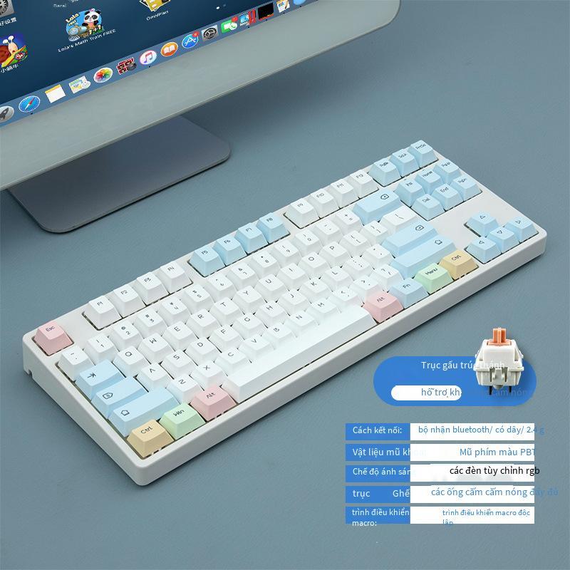 Bàn phím cơ tùy chỉnh ba chế độ không dây Bluetooth thuận lợi nhất Ánh sáng RGB 87 phím trục có thể thay thế nóng cho trò chơi thể thao điện tử