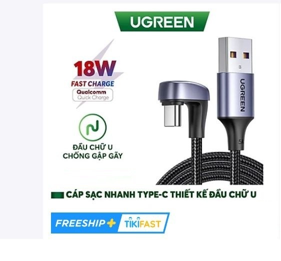 Cáp USB type C sạc nhanh đầu bọc nhôm chống nhiễu US311 Ugreen 70314 1,5m bẻ chữ U - hàng chính hãng