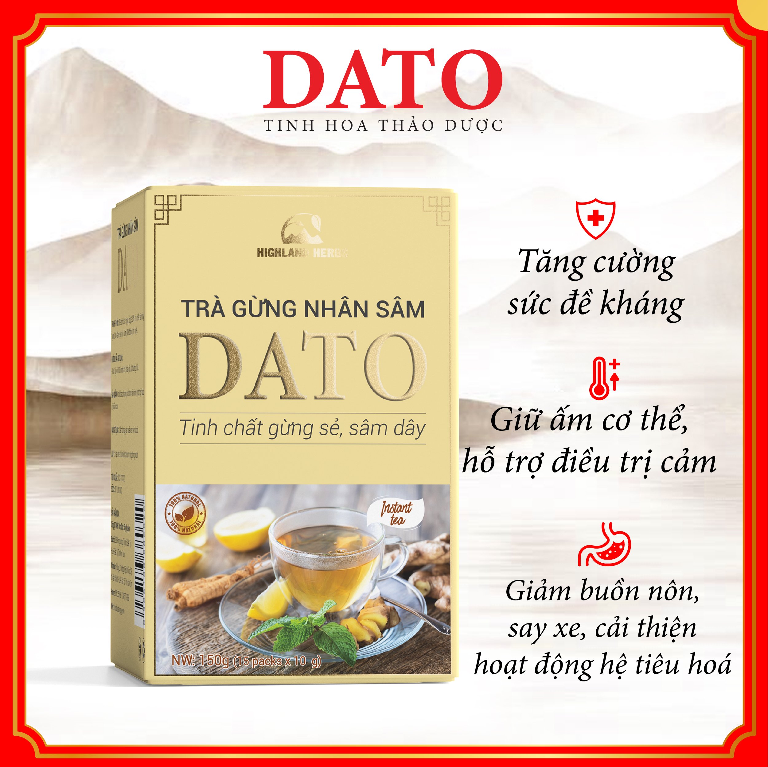 Trà gừng nhân sâm DATO, trà gừng hòa tan. giảm ho, làm ấm cơ thể.