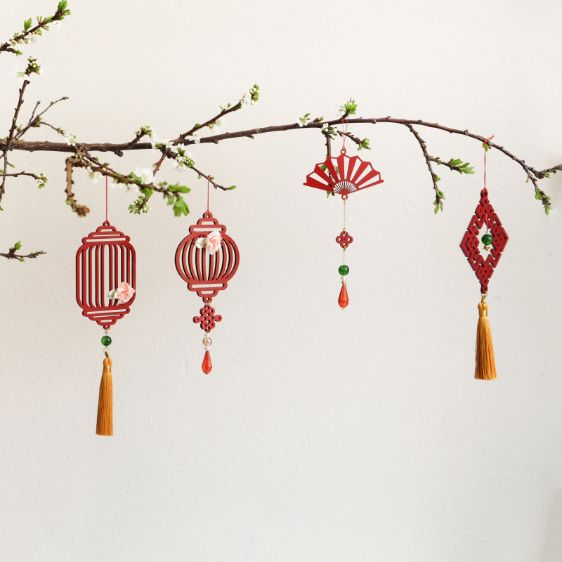 Bộ 11 dây treo trang trí Tết, phụ kiện handmade bằng gỗ sơn đỏ sang trọng , treo Mai, Đào, Lan- COMBO MIX11