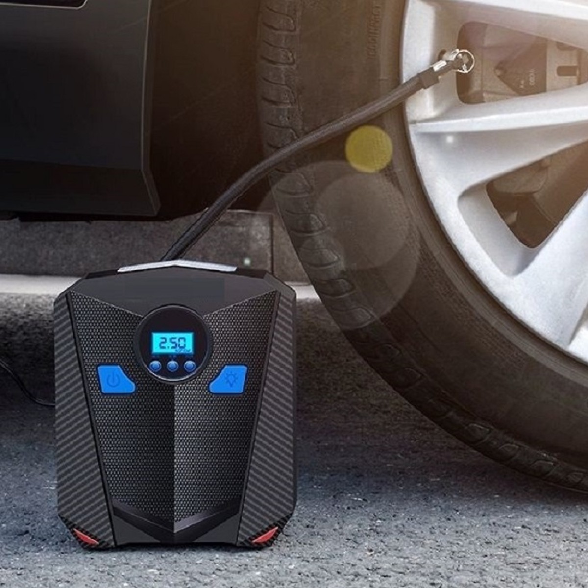 Bơm lốp ô tô, Bơm xe hơi điện tử thông minh AIKESI + Kèm hộp dụng cụ lốp