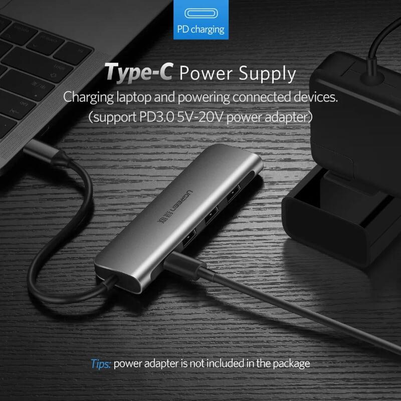 Ugreen UG50209CM136TK Bộ chuyển đổi TYPE C sang 3 USB 3.0 + HDMI + hỗ trợ nguồn TYPE C - HÀNG CHÍNH HÃNG