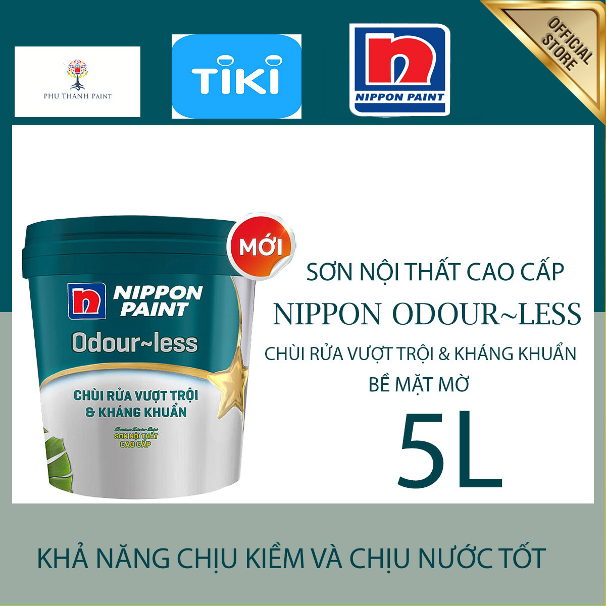 Sơn nước nội thất - Siêu cao cấp - Nippon Odour~less -Chùi rửa- Kháng khuẩn - Bề mặt mờ - 5L