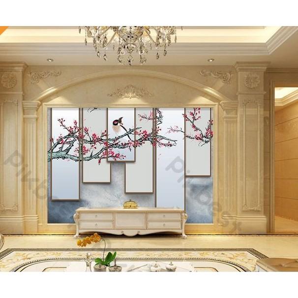 Hoa anh đào và khung cảnh chim tường nổi bật, tranh dán tường 3d hiện đại MS735653
