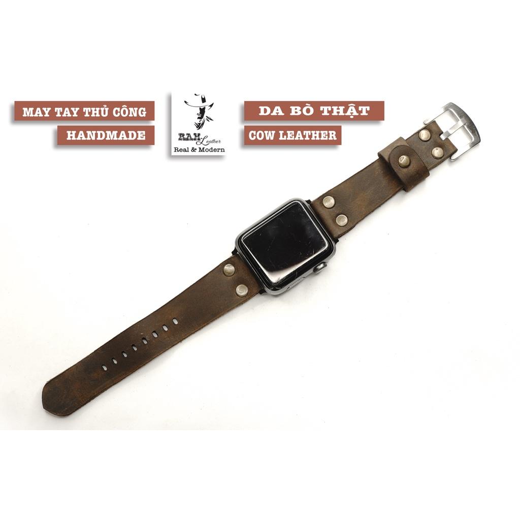Dây đồng hồ da bò thật kiểu phi công RAM Leather rivet nâu đất bền chắc - tặng khóa chốt và cây thay dây