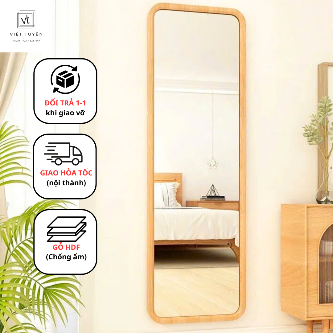 Gương Soi Toàn Thân Treo Tường Việt Tuyến - Khung Viền Gỗ Thông Tự Nhiên, Sơn Pu Cao Cấp