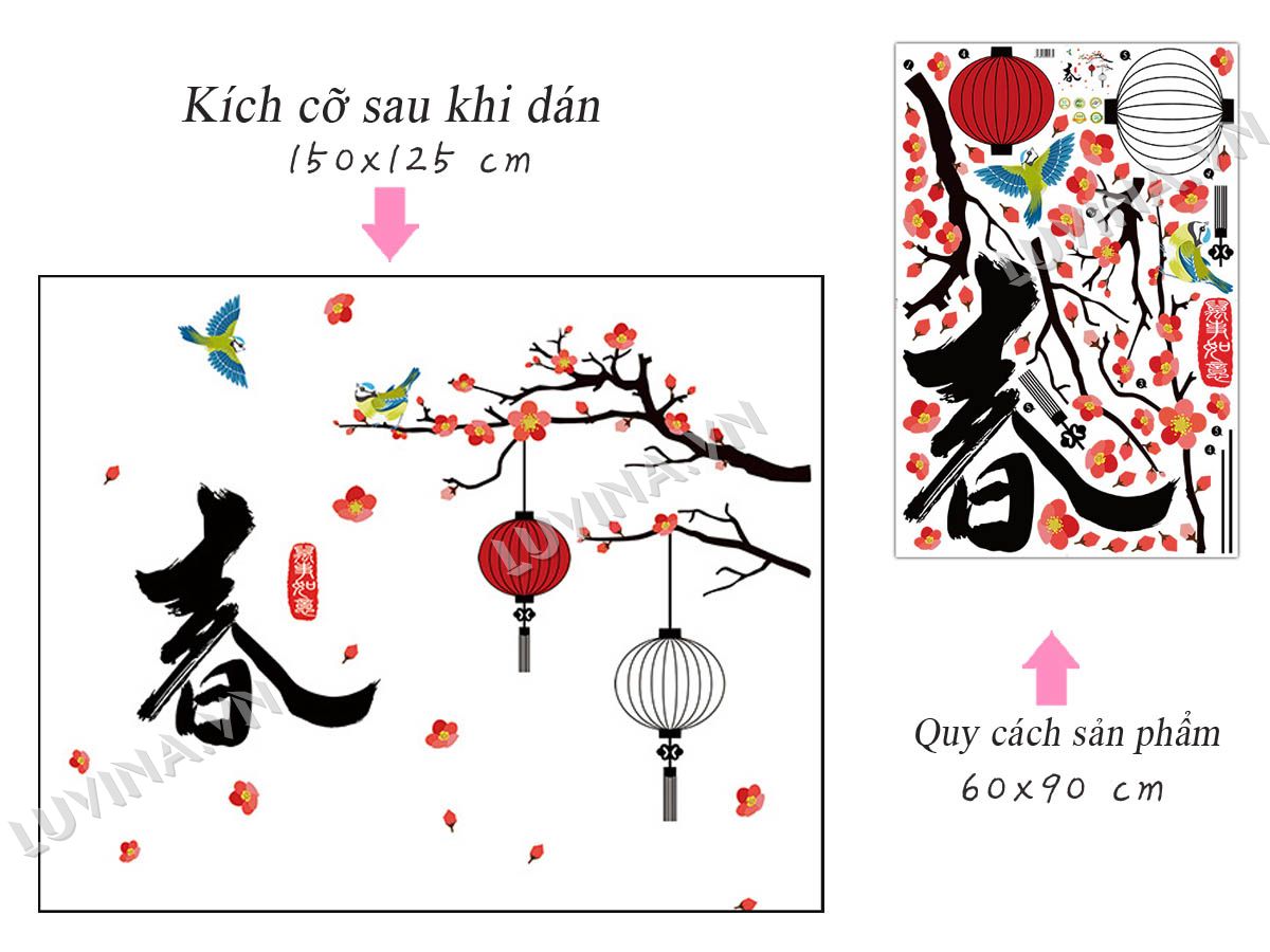 DECAL DÁN TƯỜNG TẾT CÀNH ĐÀO TREO ĐÈN LỒNG TRẮNG ĐỎ - HP524