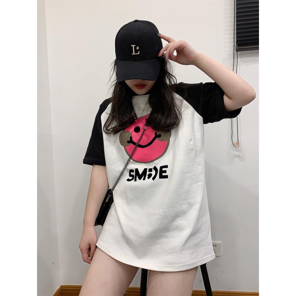 Áo Phông Nữ Phối Màu In Hình SMILE Dáng Rộng