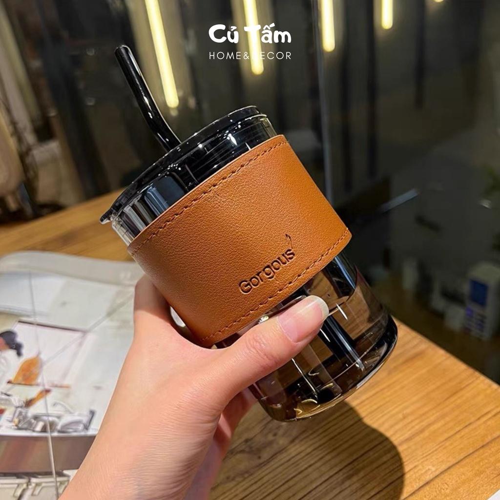 Ly thủy tinh, cốc thủy tinh đai da kèm ống hút và nắp đậy kín phong cách Bắc Âu size to
