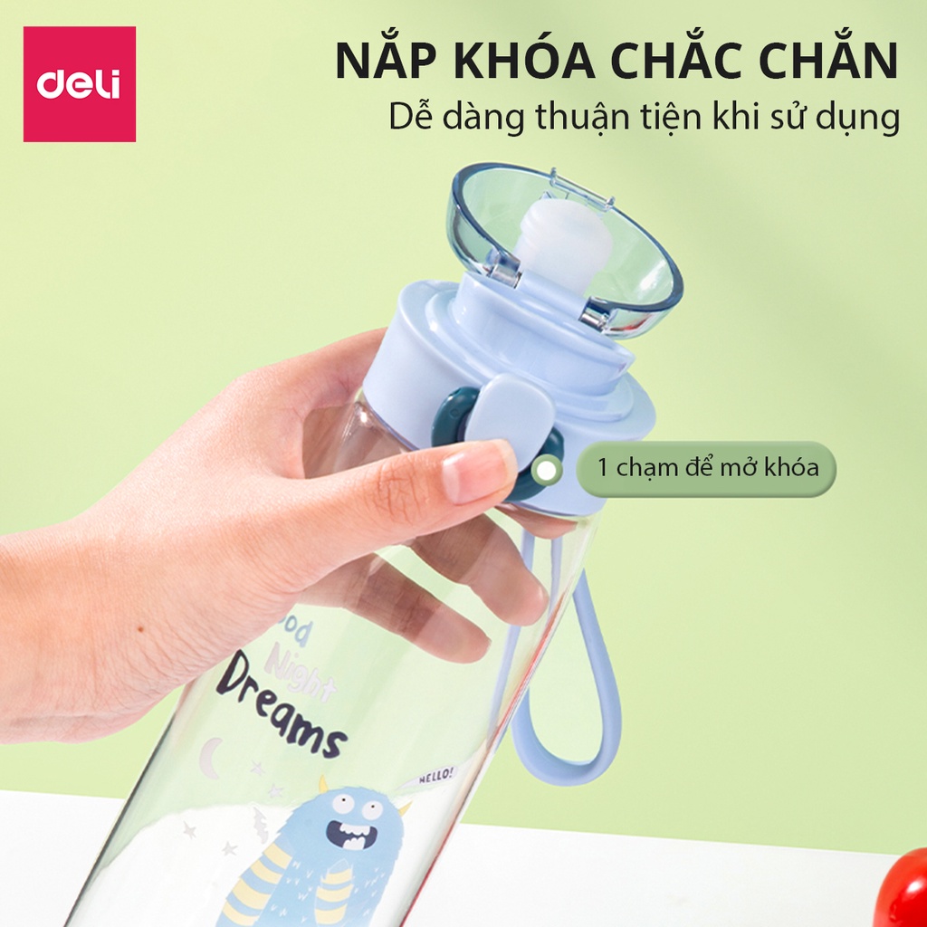 Bình Nước Bằng Nhựa Tritan Nắp Bật Có Khoá 480 600 ml Có Chia Vạch Nước Họa Tiết Dễ Thương Deli - BPA Free An Toàn Cho Sức Khỏe - Phù Hợp Bình Nước Thể Thao Cho Bé Tới Trường - 17661 17662