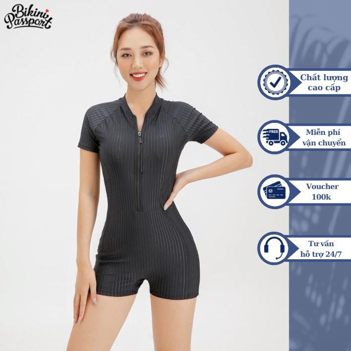 Đồ bơi NỮ BIKINI PASSPORT kiểu Một mảnh quần short, áo tay ngắm có khóa - màu Đen - BS400_BL