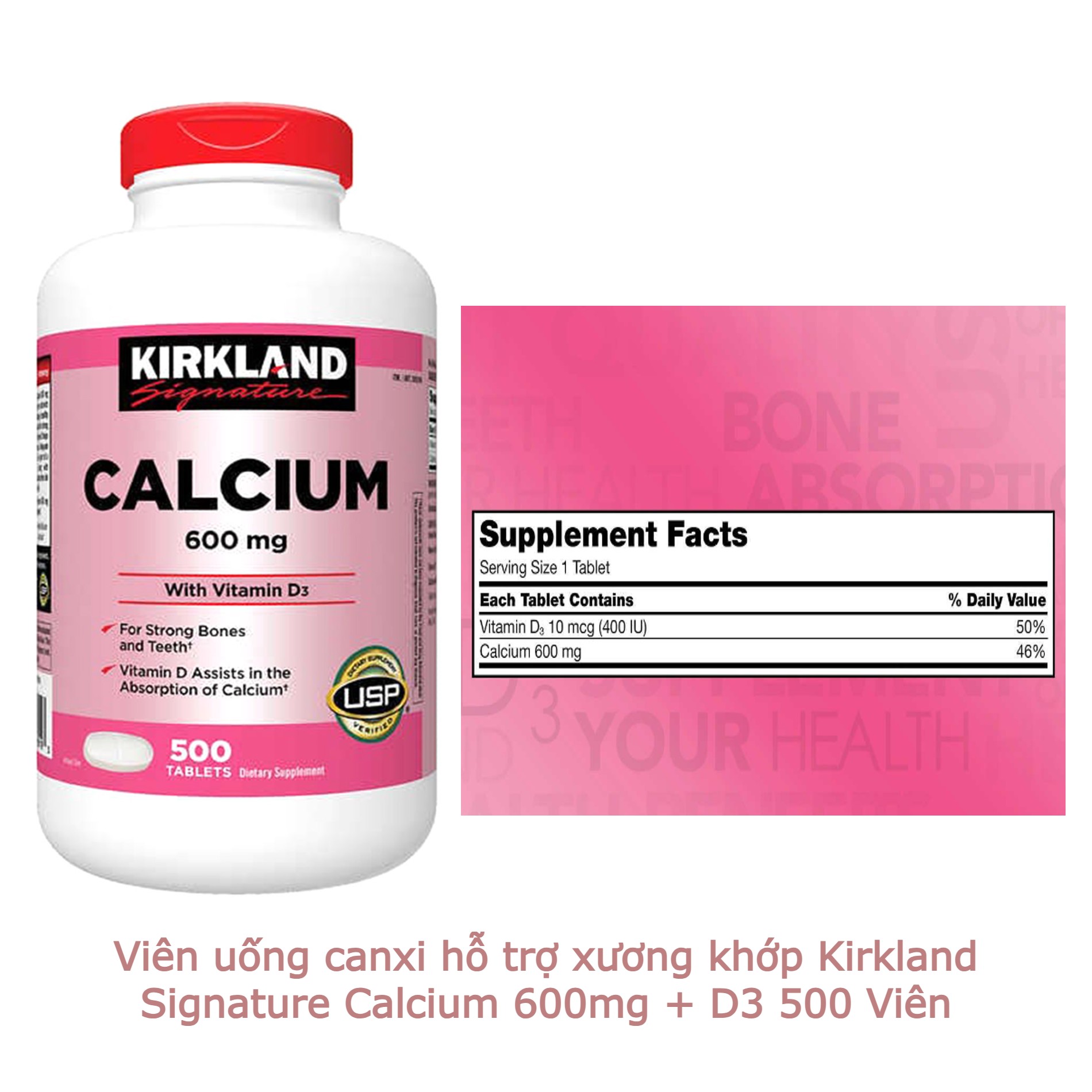 Viên uống canxi hỗ trợ xương khớp Kirkland Signature Calcium 600mg + D3 500 Viên